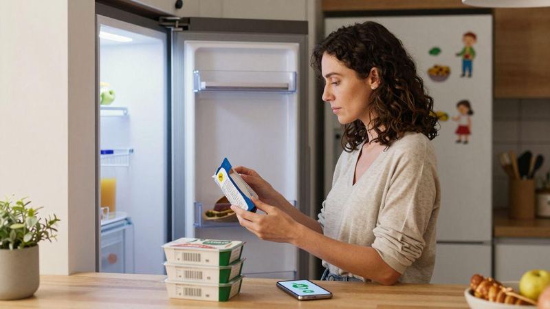 Australian parent in a kitchen checking a food label after receiving a food recall alert SMS